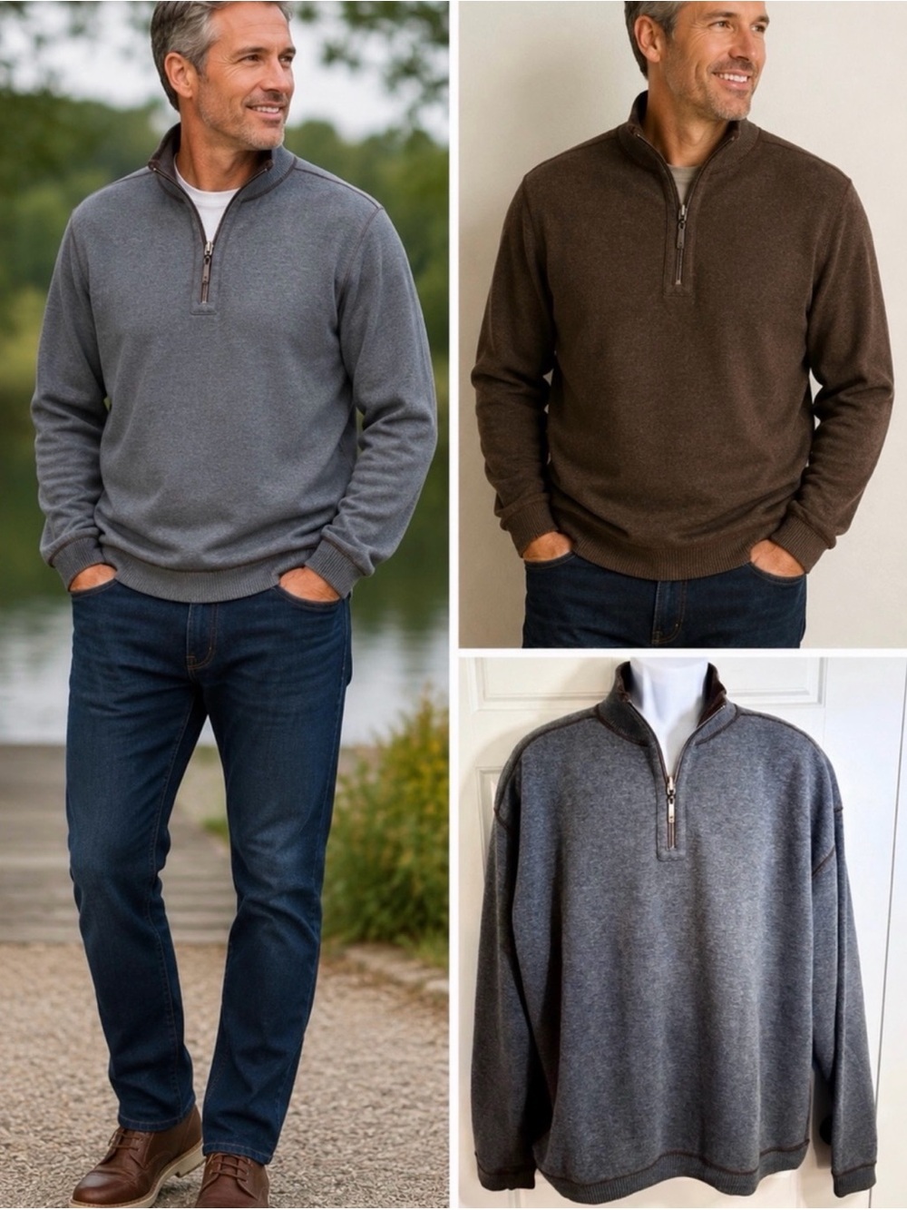 100% Cotton Tommy Bahama Flipside Pro Reversible Half Zip Sweatshirt Brown Gray⁠